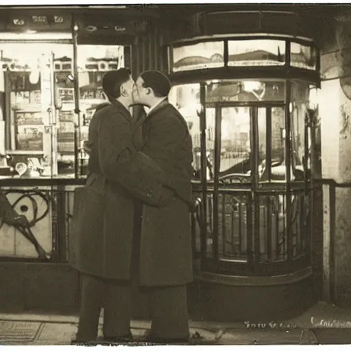 Image similar to gay couple kissing on a bar at night, paris, 2 0 s, vintage