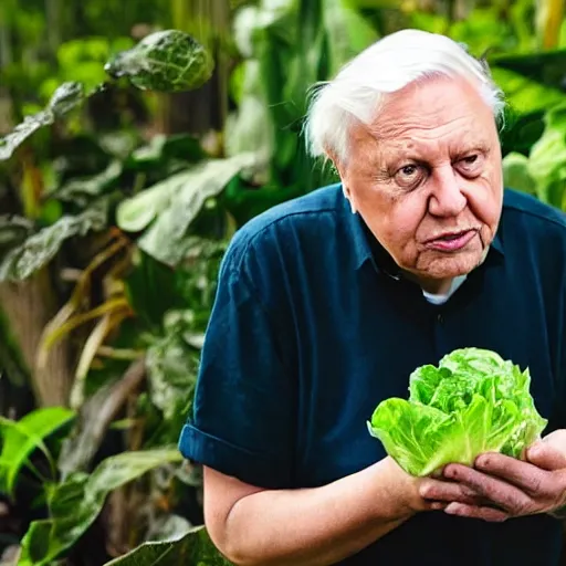 Image similar to David Attenborough looking at a piece of lettuce in the jungle, still, photograph, sharp focus