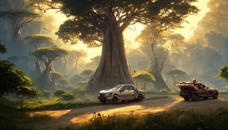 Image similar to mahindra that driving through madagascar road with baobabs trees, animals running along, artgerm and greg rutkowski and alphonse mucha, an epic fantasy, volumetric light, detailed, establishing shot, an epic fantasy, trending on art station, octane render, midsommar