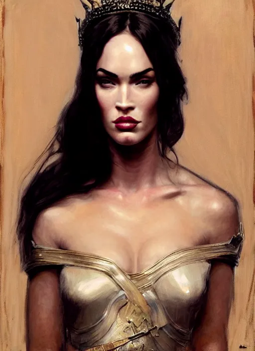 Image similar to megan fox dressed like a queen on a throne, calm, fantasy character portrait, dynamic pose, above view, artwork by jeremy lipkin and giuseppe dangelico pino very coherent asymmetrical artwork, sharp edges, perfect face, simple form, 1 0 0 mm