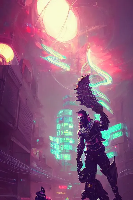 Image similar to lucian from league of legends fisherman cyberpunk futuristic neon. decorated with traditional japanese ornaments by ismail inceoglu dragan bibin rossdraws peter mohrbacher