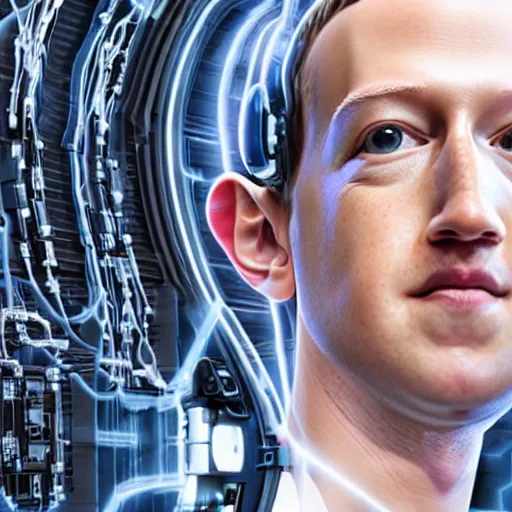 Prompt: Mark Zuckerberg revealing his very detailed and complex cybernetic enhancements faceplate lifting from his,arms revealing cables and metal frame ,raytracing, very detailed, 4k, cinematic lighting,