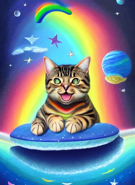 Image similar to a cute chubby tabby cat surfing on a rainbow in outer space, diffuse lighting, detailed face, fantasy, intricate, surrealism!!!!, highly detailed, lifelike, photorealistic, digital painting, artstation, illustration, concept art, smooth, sharp focus,