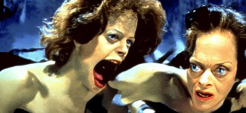 Image similar to sigourney weaver fighting a monster in a film still from a roger corman film, hyperrealistic