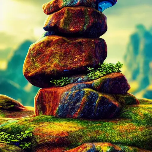 Image similar to a closeup photorealistic photograph of a rock tower with some leaves, fantastic four theme. icy colorful drink. bright scene. fine detail. this 4 k hd image is trending on artstation, featured on behance, well - rendered, extra crisp, features intricate detail, epic composition and the style of unreal engine.