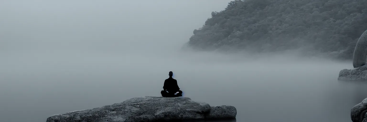 Image similar to the silhouette of a meditating monk sitting in the fog on a stone protruding from the water in the rays of the morning sun, hyper detailed.