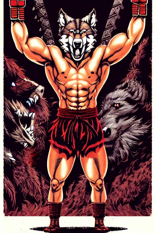 Prompt: extreme long shot. 8 bit nes graphics. antropomorphic muscular masculine wolf. kickboxer fighter, in shorts. wolf head. angry. fine details, very sharp, art from nes game cartridge, 8 0's, vhs artefacts, vaporwave style, marc simonetti and hermann nitsch.