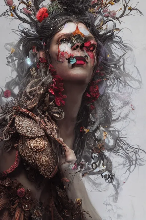Image similar to face closeup of extremely beautiful girl necromancer, witch - doctor exploding into flowers, face covered with velvet and organic ornaments, angels, 3 d render, hyper - realistic detailed portrait, holding fire and electricity, leaves and magic, ruan jia, wlop. scifi, fantasy, magic the gathering, hyper detailed, octane render, concept art, peter mohrbacher