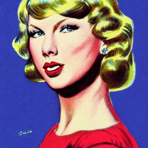 Prompt: “Taylor Swift portrait, color vintage magazine illustration 1950”