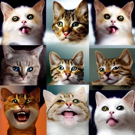 Image similar to a cat laughing from multiple angles collage photo, meme format,