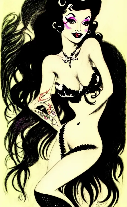 Image similar to mermaid with a detailed face and black hair, burlesque psychobilly, rockabilly, punk, white background, drawing, illustration by frank frazetta