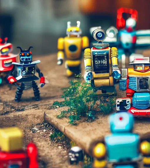 Image similar to high quality presentation photo of a a detailed miniature diorama of retro toy robots invading a detailed model of a 1950s town, photography 4k, f1.8 anamorphic, bokeh, 4k, Canon, Nikon