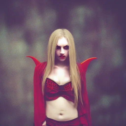 Image similar to high quality photo of a beautiful demon girl .moody and melanchony with accents of yellow and red.