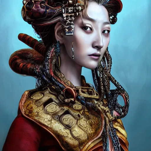 Image similar to portrait, headshot, insanely nice professional hair style, dramatic hair color, digital painting, of a old 17th century, Chinese Three Kingdoms, old cyborg merchant, amber jewels, baroque, ornate clothing, scifi, realistic, hyperdetailed, chiaroscuro, concept art, art by Franz Hals and Jon Foster and Ayami Kojima and Amano and Karol Bak,