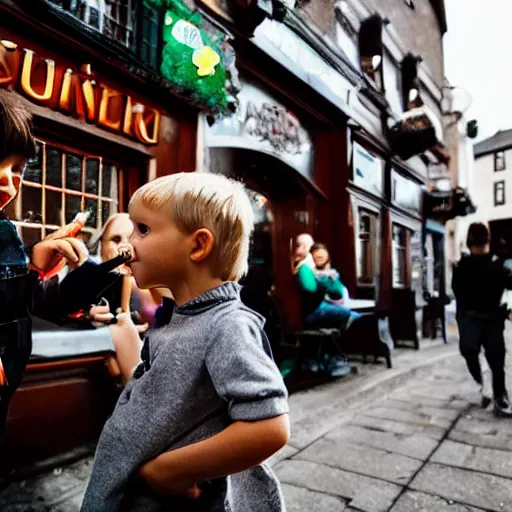 Prompt: kids having a cigarette in an Irish pub,