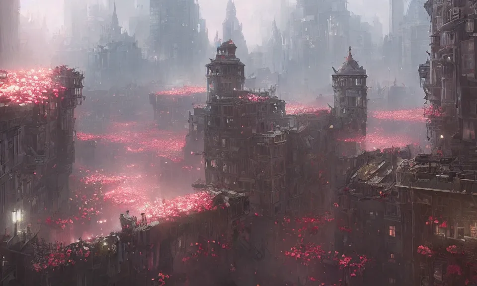 Prompt: roses falling over a city, Greg Rutkowski, ArtStation, CGSociety, Unreal Engine