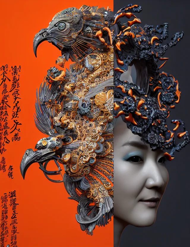 Image similar to 3 d goddess close - up profile portrait biomechanics with ram skull. beautiful intricately detailed japanese crow kitsune mask and clasical japanese kimono. betta fish, jellyfish phoenix, bio luminescent, plasma, ice, water, wind, creature, artwork by tooth wu and wlop and beeple and greg rutkowski. gold black teal and orange color scheme