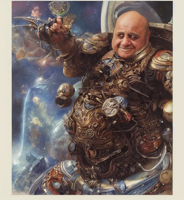 Prompt: a portrait photograph of danny devito as an intergalactic conqueror. by tom bagshaw, donato giancola, hans holbein, walton ford, gaston bussiere, peter mohrbacher and brian froud. 8 k, cgsociety