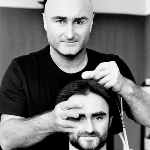 Prompt: phil collins at the hairdresser