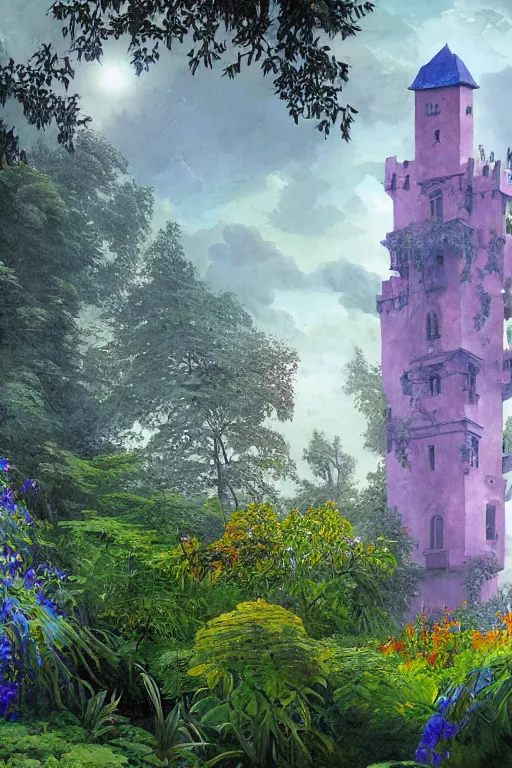 Image similar to view of the mysterious blue tower in its gardens after a storm, tall windows lit up, beautiful ornament, dramatic cinematic lighting, rich colors, by Ludwig Deutsch and April Gornik and Nicholas Roerich and Sylvain Sarrailh