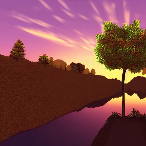 Image similar to a tree in a river, sunset, low poly