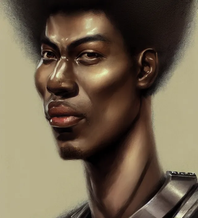 Image similar to portrait of a man by greg rutkowski, he is about 2 5 years old, mixture between afroamerican and japanese, afro hair, geisha tatoos, very tall and slender, he is wearing a futuristic police gear, highly detailed portrait, digital painting, artstation, concept art, smooth, sharp foccus illustration, artstation hq