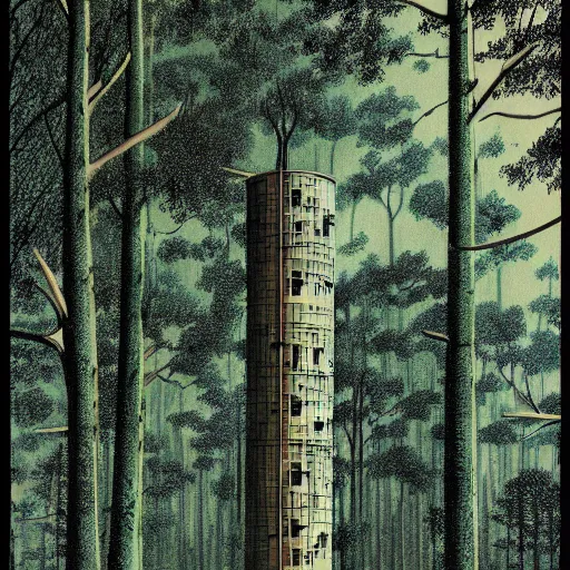 Image similar to tower in a forest, 70s fantasy poster