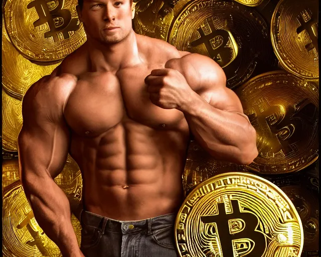 Image similar to attractive muscular bulky man posing in front of a huge golden bitcoin, commercial by annie liebovitz, gaston bussiere, craig mullins, j. c. leyendecker