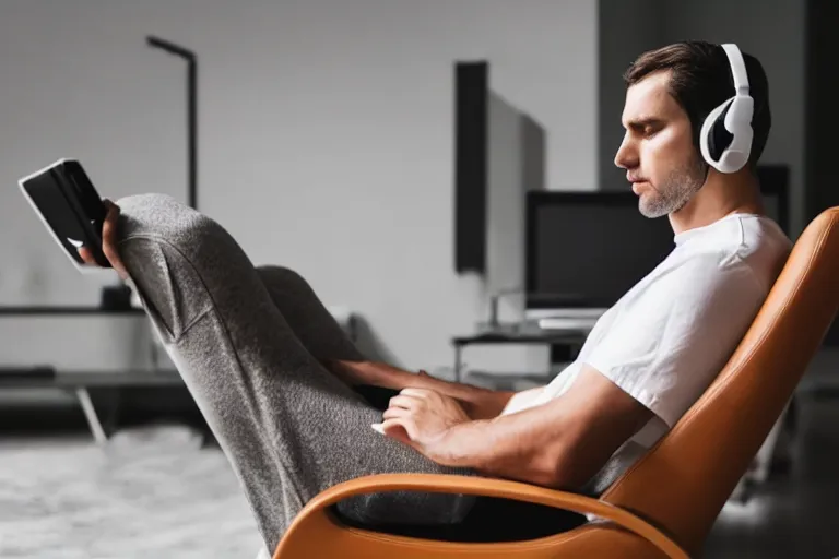 Image similar to a caucasian man who is deep in thought is wearing a white t - shirt and he is wearing black sweat pants and he is wearing headphones and he has an open laptop on his lap and he is relaxing in a brown leather chair that is in the reclining position