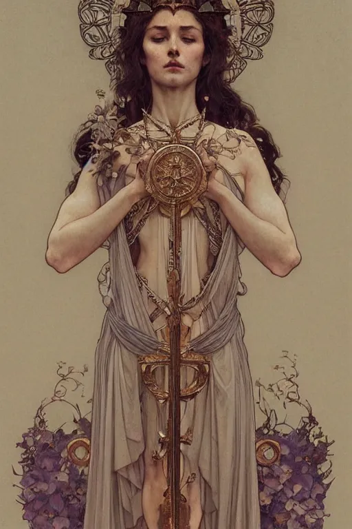 Image similar to a full body portrait of a beautiful ethereal delicate roman mage queen meditative sacral pose catholic stages of the cross, intricate, elegant, highly detailed, digital painting, artstation, concept art, smooth, sharp focus, illustration, art by krenz cushart and artem demura and alphonse mucha
