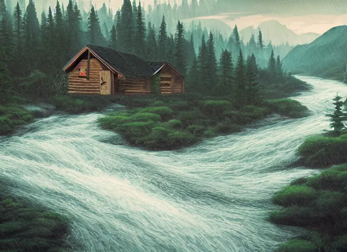 Prompt: matte sharp painting, close - up of a river running past a cozy cabin in the mountains, heavy rain, juxtapoz, artforum, gary baseman, preston blair, tex avery, dan mumford, pedro correa