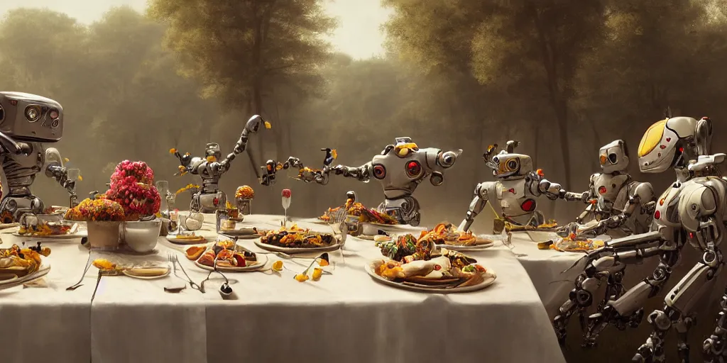 Image similar to a table dinner of robots where robots are dressed like the characters from the midsommar movie, sharp focus, wide shot, trending on artstation, masterpiece, by greg rutkowski, by ross tran, by fenghua zhong, octane, soft render, ultrarealistic, colorful, cinematic