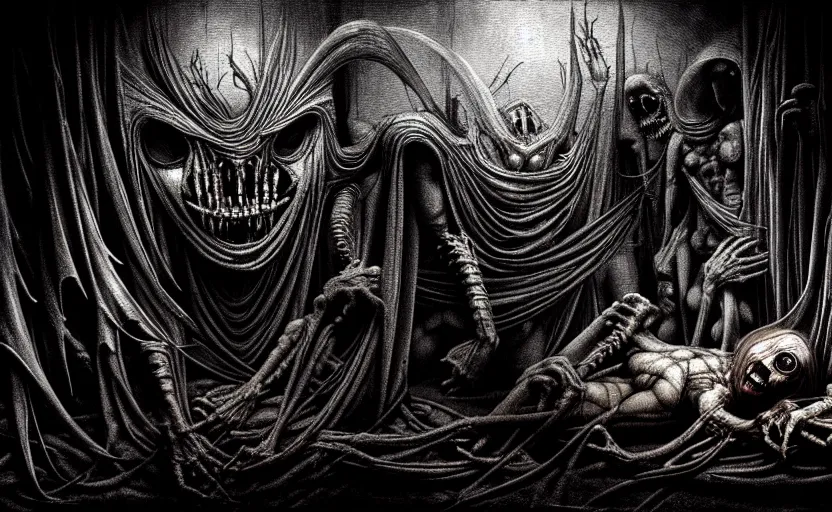 Image similar to an extremely detailed masterpiece of nightmares'and horrors, inspired by hr giger - moebius - leonardo da vinci, digital art, moody lighting, apocalyptic, epic scene, extremely moody lighting, glowing light and shadow, 4 k