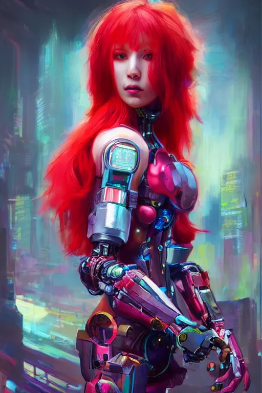 Prompt: beautiful red haired female cyberpunk with cybernetic arms, bright colors, elegant, vibrant, intricate, smooth, artstation, painted by edgar maxence, greg rutowski, ross tran, artgerm,