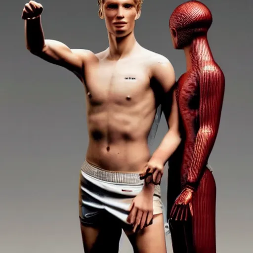 Image similar to a realistic detailed photo of a guy who is an attractive humanoid who is half robot and half humanoid, who is a male android, soccer player frenkie de jong, shiny skin, posing like a statue, blank stare, in a living room, on display, showing off his muscles, with a twin