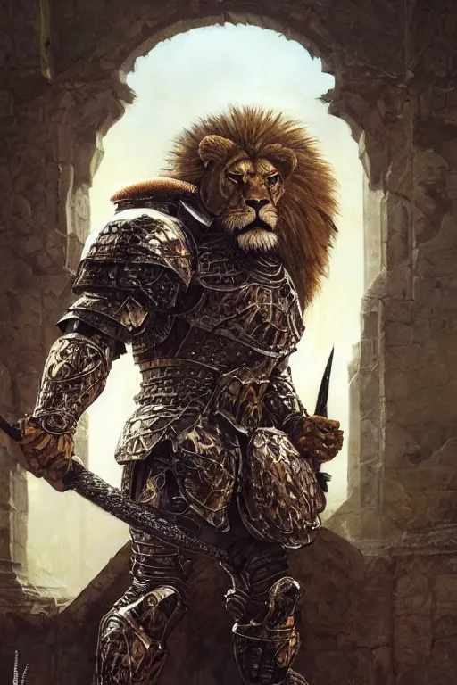 Prompt: ultra realistic illustration,, a hulking knight with a lion cowl, bristling with weapons from doom and warhammer, intricate, elegant, highly detailed, digital painting, artstation, concept art, smooth, sharp focus, illustration, art by artgerm and greg rutkowski and alphonse mucha