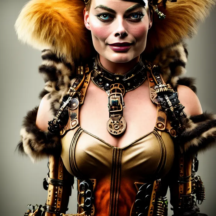 Prompt: full length portrait photograph of a margot robbie as a steampunk amazon warrior. Extremely detailed. 8k