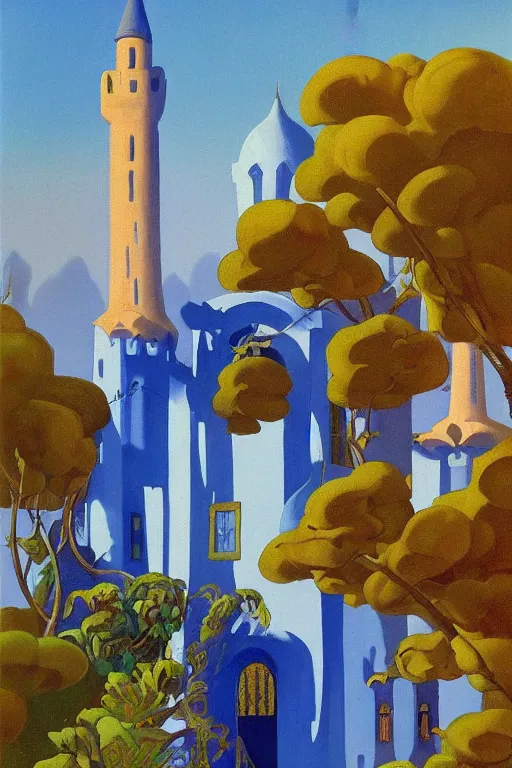 Image similar to view of the mysterious blue tower in its gardens after a storm, tall windows, beautiful moorish ornament, dramatic cinematic lighting, rich colors, by Sylvain Sarrailh and Nicholas Roerich and Ludwig Deutsch and April Gornik