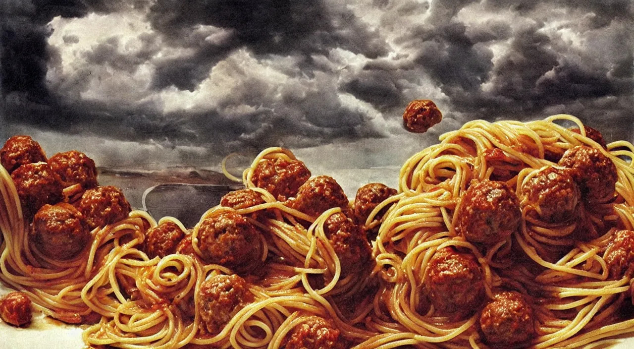 Image similar to spaghetti bolognesa with meatballs and hundred rusted perfect woman bodies flying in stormy clouds by dali, hyper - realism