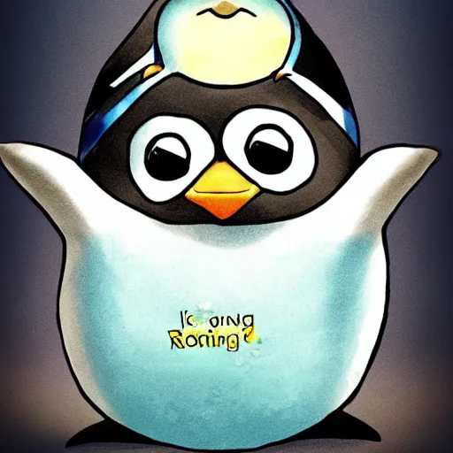 Prompt: a penguin riding a poring ragnarok, cartoon, kawaii,