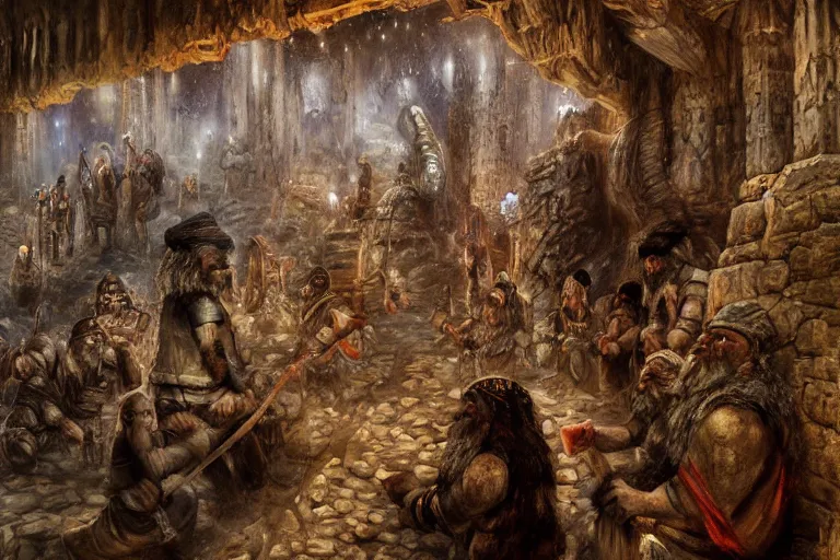 Prompt: sumerian underground city ancient dwarves, drawn by viktor vasnetsov, dwarven dungeons, cities of mesopotamia, moriya, oil painting, harsh fairy tale, soft style, hyperrealism, beautiful, high resolution, trending on artstation, 8 k, 4 k,