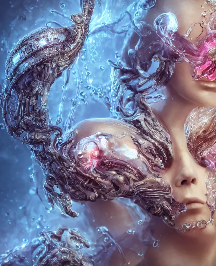 Image similar to close-up macro portrait of the face of a beautiful princess with animal skull mask, epic angle and pose, symmetrical artwork, 3d with depth of field, blurred background, cybernetic jellyfish female face skull phoenix bird, translucent, nautilus, energy flows of water and fire. a highly detailed epic cinematic concept art CG render. made in Maya, Blender and Photoshop, octane render, excellent composition, cinematic dystopian brutalist atmosphere, dynamic dramatic cinematic lighting, aesthetic, very inspirational, arthouse. y Greg Rutkowski, Ilya Kuvshinov, WLOP, Stanley Artgerm Lau, Ruan Jia and Fenghua Zhong