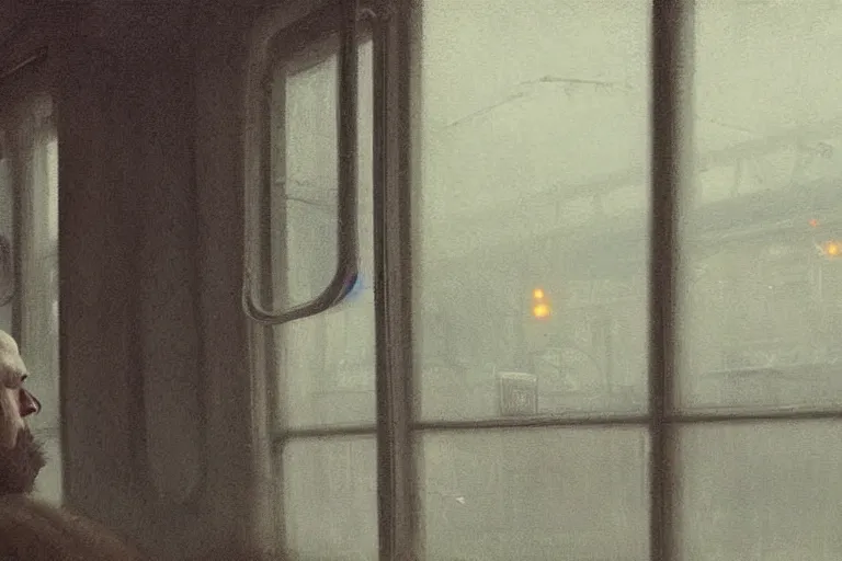 Prompt: man looks out of a train window, dim lighting, lonely, digital art, by wlop, by jeremy lipking, highly detailed, expressive painting, dark atmosphere, moody, octane render