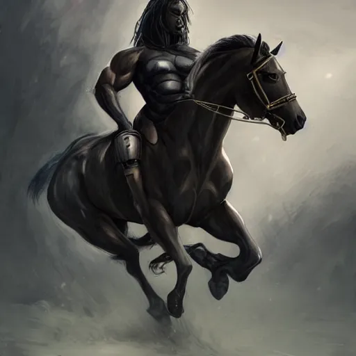 Prompt: an enormously muscular black - coated anthro horse at a research facility wearing skintight body armor, long mane, highly detailed, digital painting, artstation, illustration, art by artgerm, greg rutkowski, wlop