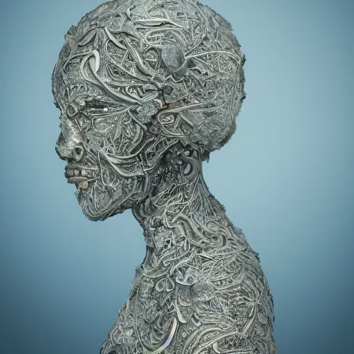 Image similar to beatifull face portrait of a woman, 150 mm, anatomical, flesh, flowers, mandelbrot fractal, facial muscles, veins, arteries, intricate, golden ratio, full frame, microscopic, elegant, highly detailed, ornate, ornament, sculpture, elegant , luxury, beautifully lit, ray trace, unreal, 3d, PBR, in the style of peter Gric , alex grey and Romero Ressendi