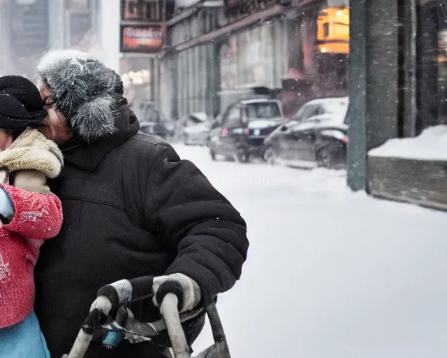 Image similar to there's an infant clinging to his overweight mother in the cold as they go to shop for cigarettes, portra 4 0 0 candid photograph portrait by annie leibovitz, humans of new york, 3 5 mm macro shot, f / 3 2, hyperrealistic, cinematic lighting, hd wallpaper, 8 k, 4 k