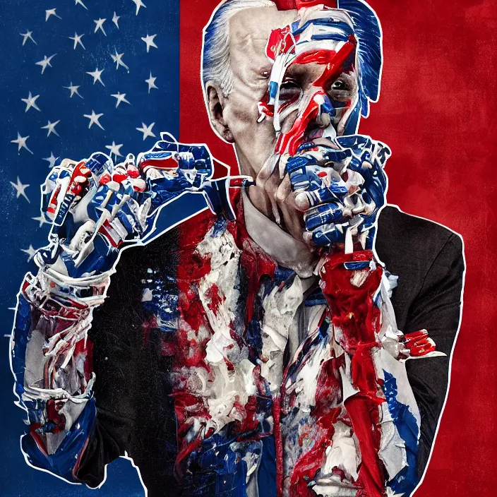 Prompt: PATRIOTIC portrait of joe biden as skeleton. burning distortions. intricate abstract. intricate artwork. by Tooth Wu, wlop, beeple, dan mumford. octane render, trending on artstation, greg rutkowski very coherent symmetrical artwork. cinematic, hyper realism, high detail, octane render, 8k, AMERICAN accents