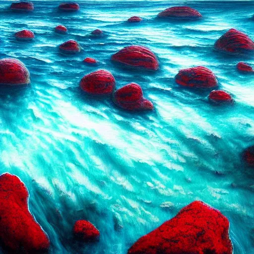 Prompt: gorgeous detailed oil painting of a red sea covered in big blue rocks, red sea, blue rocks, the further away the mistier it gets, dark aesthetic, atmospheric, concept art, octane render, unreal engine 5, trending on artstation, high quality, path traced, surreal, trending on deviantart, moody, highly detailed, masterpiece, award winning, 4 k hdr, digital art