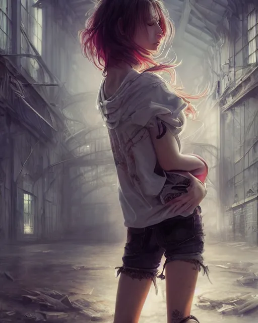 Image similar to daniel gerhartz and artgerm detailed portrait digital rococo painting of a beautiful woman wearing streetwear clothing, abandoned warehouse interior in the background, unreal engine, hyper realism, realistic shading, cinematic composition, realistic render, octane render, hdr, detailed textures, photorealistic, ultrawide shot, 3 5 mm film