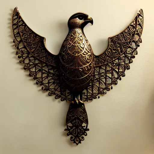 Image similar to gorgeous ornated bronze realistic detailed falcon office decoration with filigree, islamic calligraphy